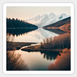 Nature Scandinavian Art Snowy Mountain Burgundy Autumn Lake Sticker